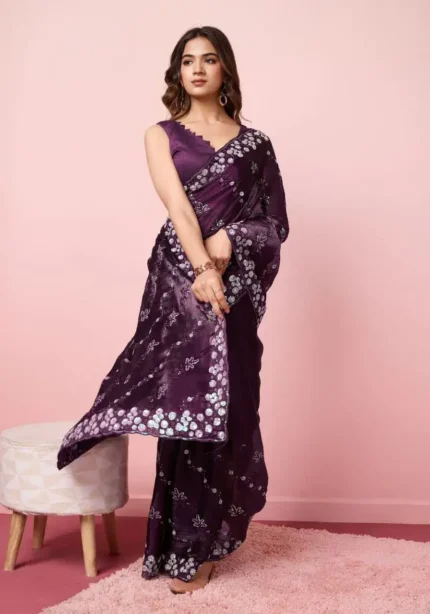 wine color Party Wear Soft Premium Burberry Silk Saree for party wear