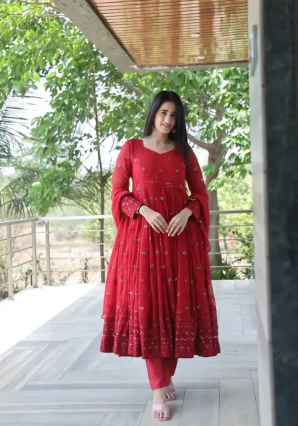 Trending red color Sequins Embroidered Designer Anarkali Suit