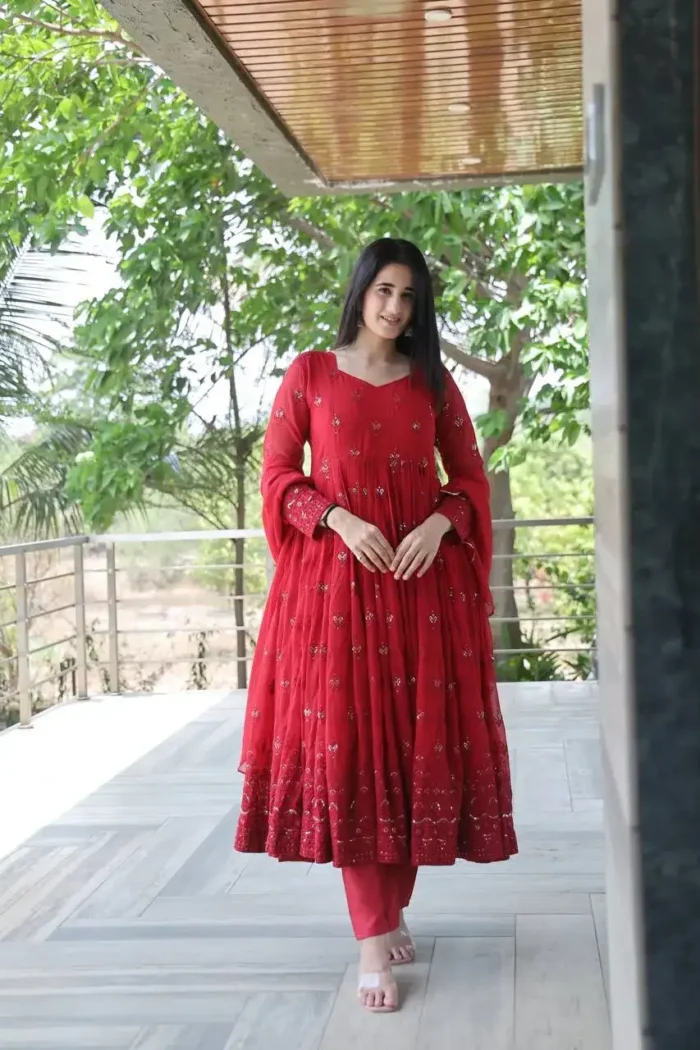 Trending red color Sequins Embroidered Designer Anarkali Suit