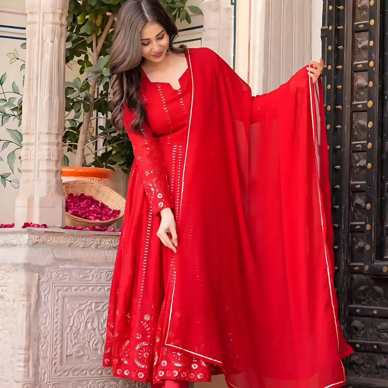 red color Faux Georgette All Over Embroidered Anarkali Suit