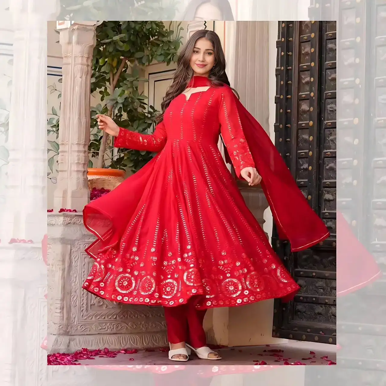 red color Faux Georgette All Over Embroidered Anarkali Suit