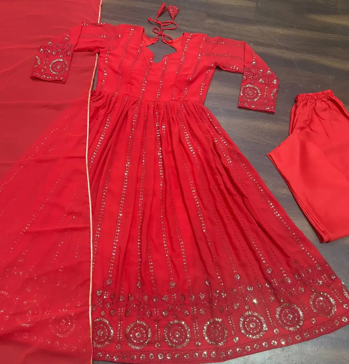 red color Faux Georgette All Over Embroidered Anarkali Suit