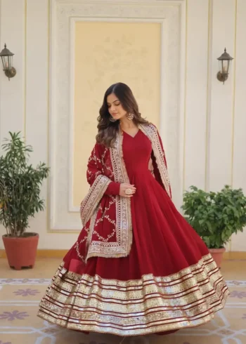 V Neck Anarkali Style Sequins Embroidered Gown