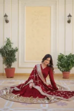 red color V Neck Anarkali Style Sequins Embroidered Gown