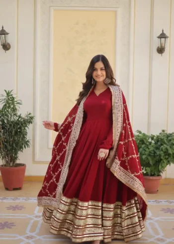 V Neck Anarkali Style Sequins Embroidered Gown