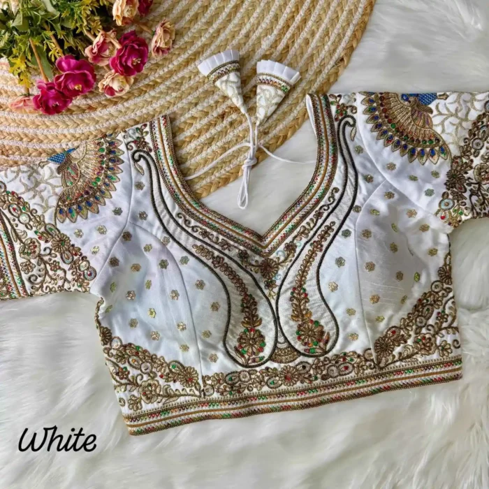 white color 3d peacock heavy italian silk heavy embroidery work bridal readymade blouse