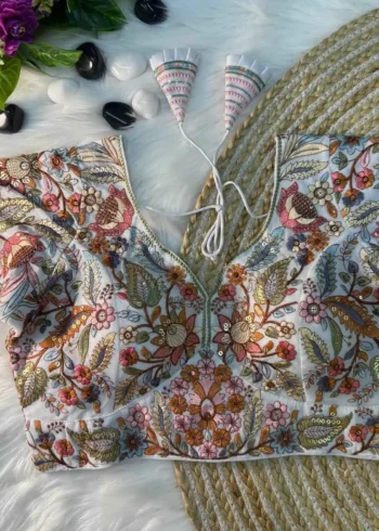 white Color Multi Thread Embroidered Partywear Readymade Blouse