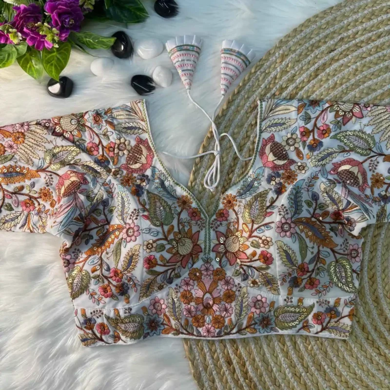 white Color Multi Thread Embroidered Partywear Readymade Blouse