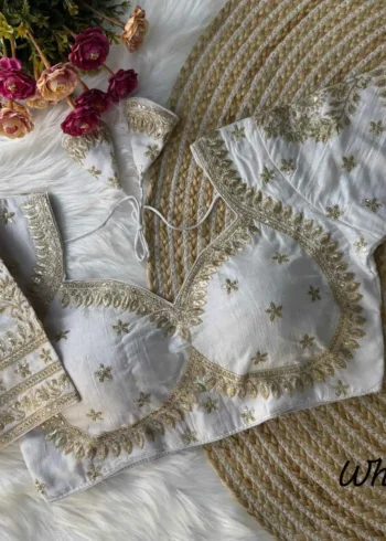 white color pure vichitra silk jodha style readymade bridal blouse