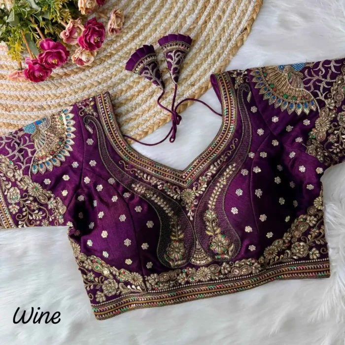 wine color 3d peacock heavy italian silk heavy embroidery work bridal readymade blouse