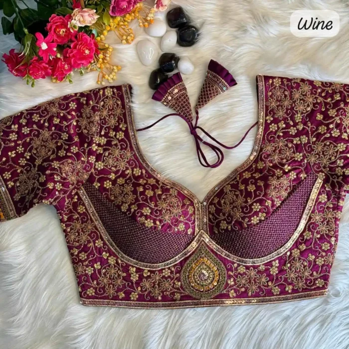 wine color heavy coding thread embroidery work sabyasachi style bridal blouse