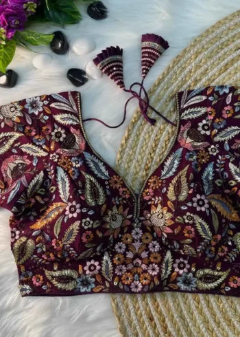 wine Color Multi Thread Embroidered Partywear Readymade Blouse