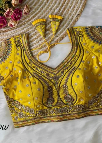 yellow color 3d peacock heavy italian silk heavy embroidery work bridal readymade blouse
