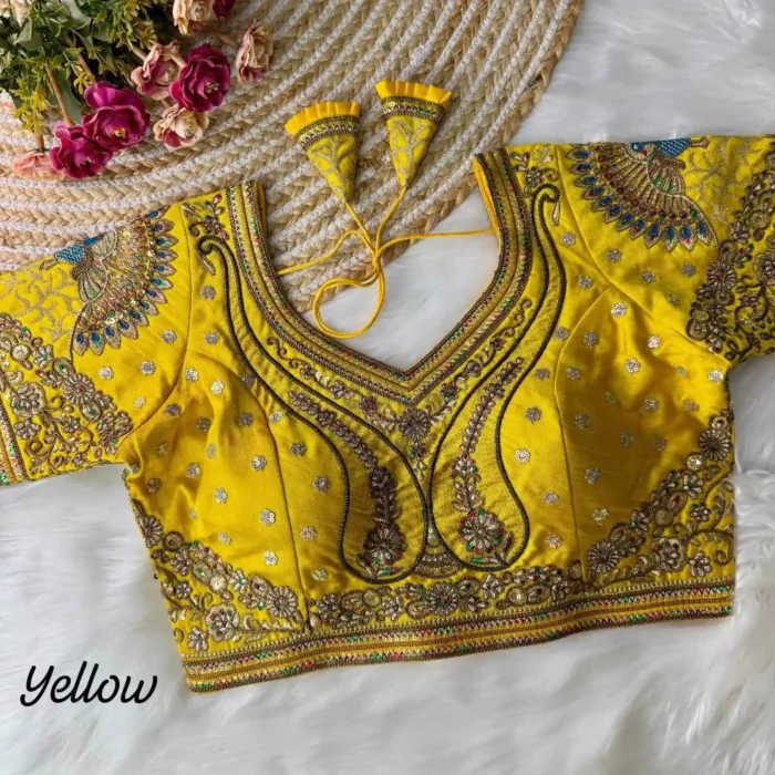 yellow color 3d peacock heavy italian silk heavy embroidery work bridal readymade blouse