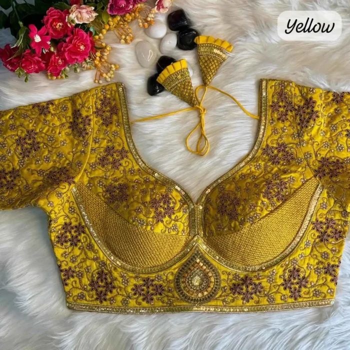 yellow color heavy coding thread embroidery work sabyasachi style bridal blouse