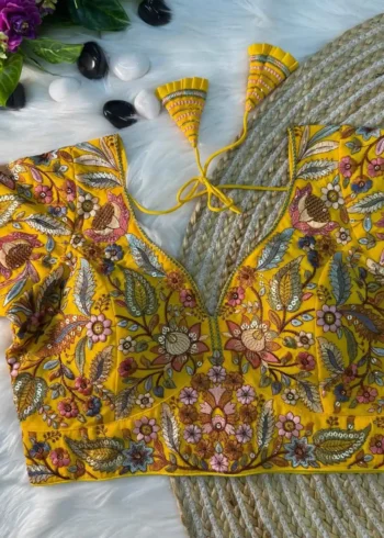 yellow Color Multi Thread Embroidered Partywear Readymade Blouse