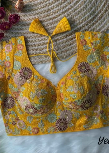 yellow color sabyasachi style heavy sequins embroidered faux georgette bridal readymade blouse