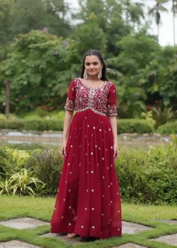 Red Color Zari Sequins Embroidered Designer Readymade Gown