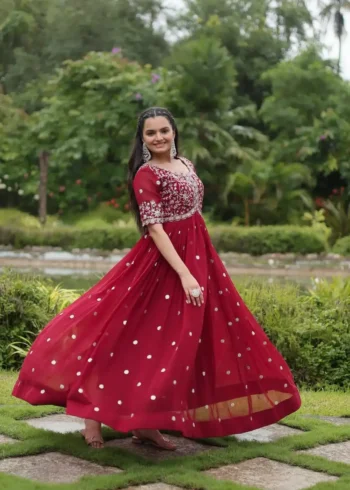 Red Color Zari Sequins Embroidered Designer Readymade Gown