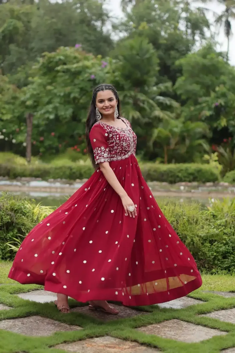 Red Color Zari Sequins Embroidered Designer Readymade Gown