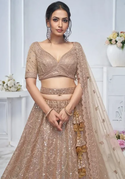 Alluring Brown Golden Sequins Embroidered Heavy Bridesmaid Lehenga Choli