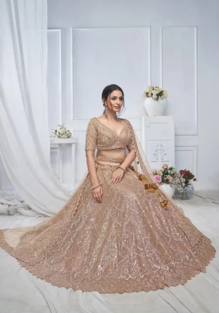 Alluring Brown Golden Sequins Embroidered Heavy Bridesmaid Lehenga Choli