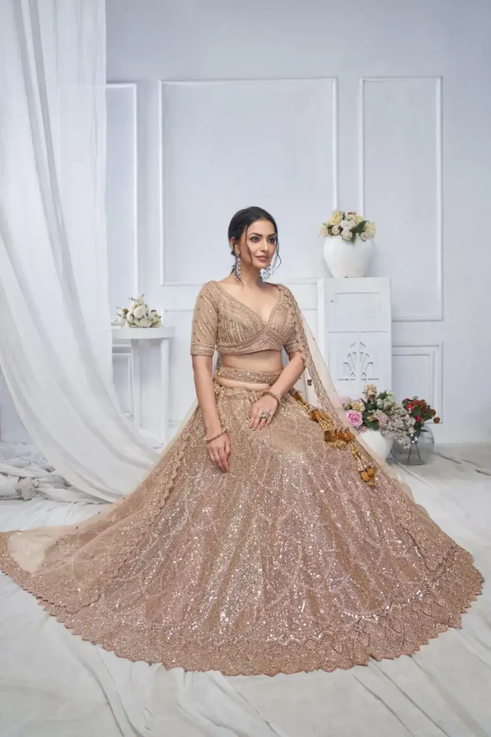 Alluring Brown Golden Sequins Embroidered Heavy Bridesmaid Lehenga Choli