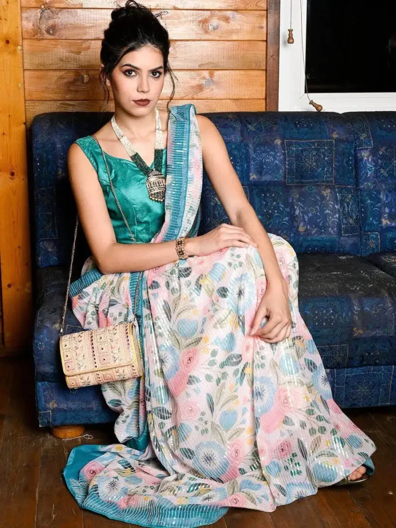 Beautiful Floral Printed Heavy Georgette Party Wear Saree