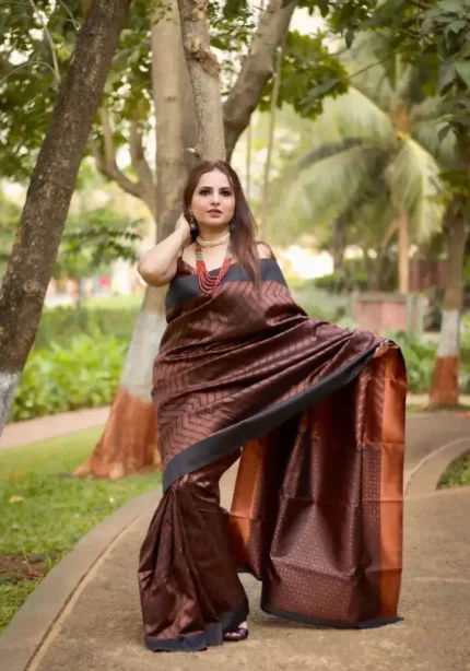 Black Copper Zari Weaving Soft Lichi Silk Saree