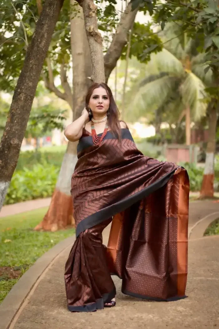 Black Copper Zari Weaving Soft Lichi Silk Saree