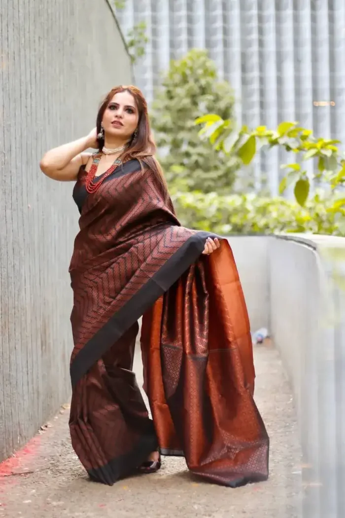 Black Copper Zari Weaving Soft Lichi Silk Saree