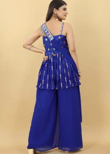 Blue Colour Zari & Sequins Embroidered Sharara Dress