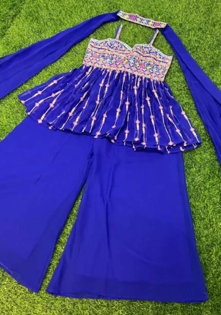 Blue Colour Zari & Sequins Embroidered Sharara Dress