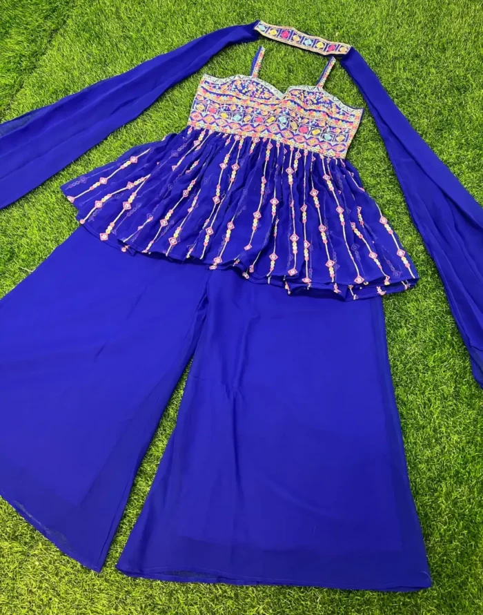 Blue Colour Zari & Sequins Embroidered Sharara Dress