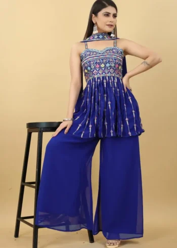Blue Colour Zari & Sequins Embroidered Sharara Dress