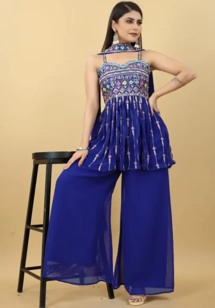 Blue Colour Zari & Sequins Embroidered Sharara Dress