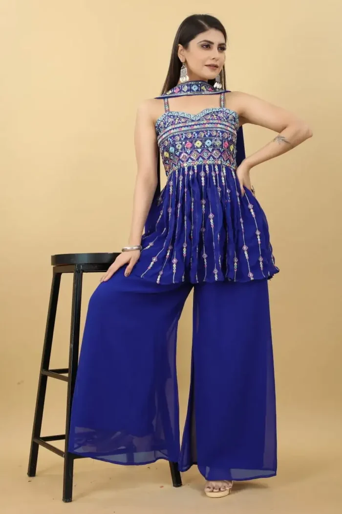 Blue Colour Zari & Sequins Embroidered Sharara Dress