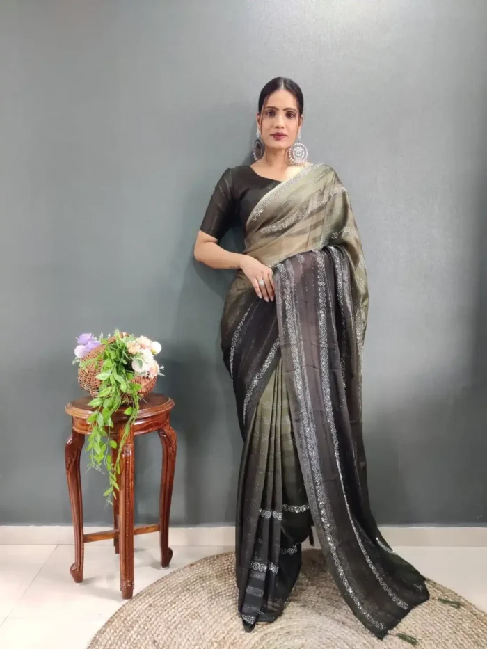 Chiffon Zari Woven Swarovski Diamond Work Stitched Saree