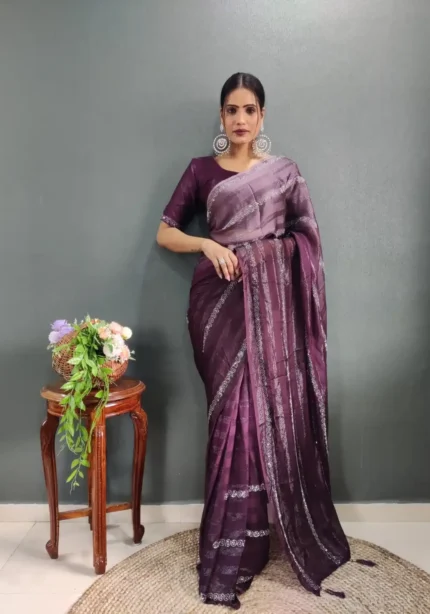 Chiffon Zari Woven Swarovski Diamond Work Stitched Saree