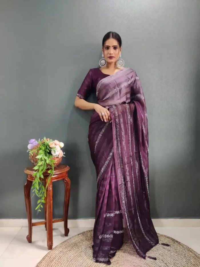 Chiffon Zari Woven Swarovski Diamond Work Stitched Saree