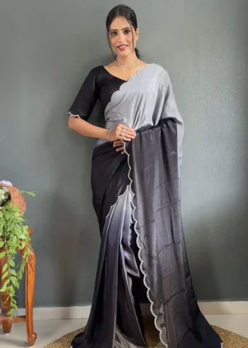 Chinon Silk Jadkan Diamond Lace Work Stitched Saree