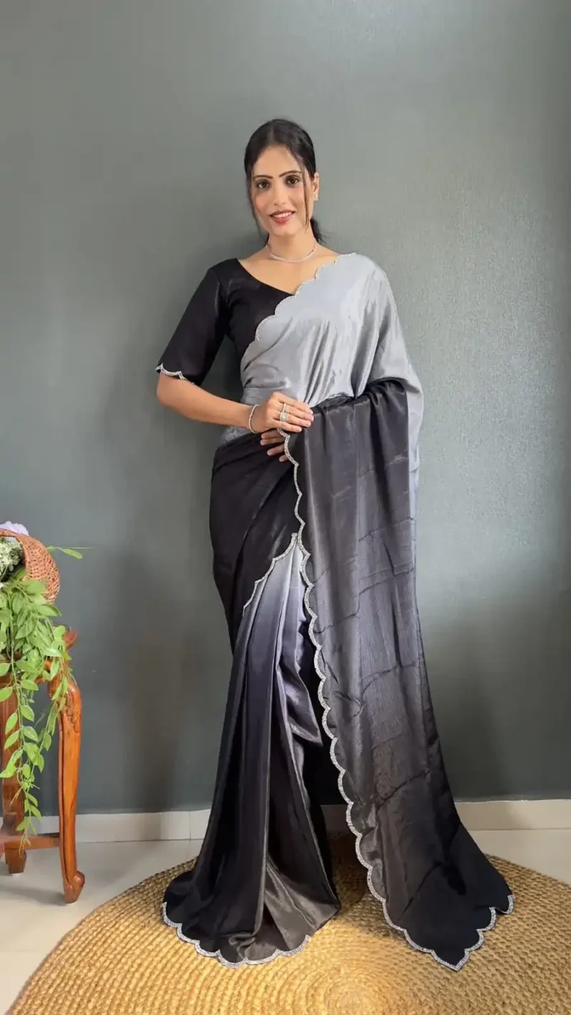 Chinon Silk Jadkan Diamond Lace Work Stitched Saree