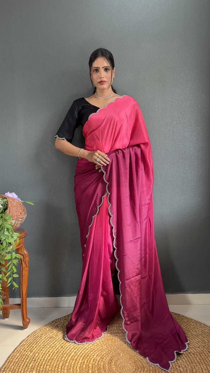 Chinon Silk Jadkan Diamond Lace Work Stitched Saree