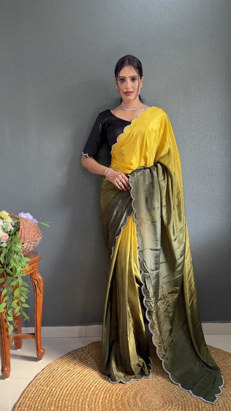 Chinon Silk Jadkan Diamond Lace Work Stitched Saree