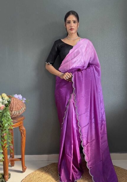 Chinon Silk Jadkan Diamond Lace Work Stitched Saree