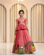 Pink Chinon Silk kalamkari Printed Lehenga for Kids