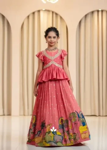 Pink Chinon Silk kalamkari Printed Lehenga for Kids