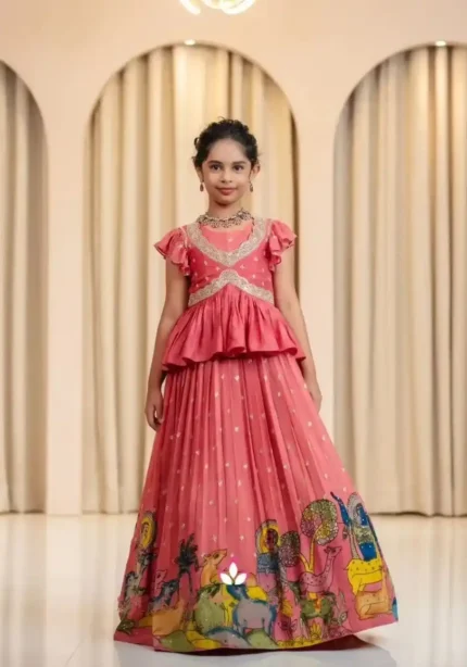 Pink Chinon Silk kalamkari Printed Lehenga for Kids