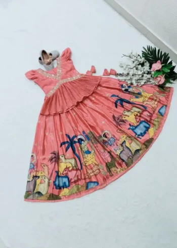Pink Chinon Silk kalamkari Printed Lehenga for Kids