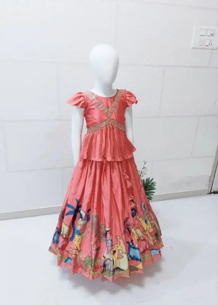 Pink Chinon Silk kalamkari Printed Lehenga for Kids